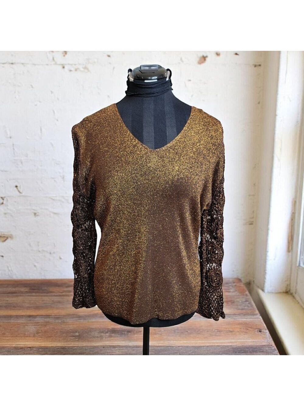Vintage Joseph A. Metallic Gold Knit Top – Crochet Sleeves | Made in Hong Kong